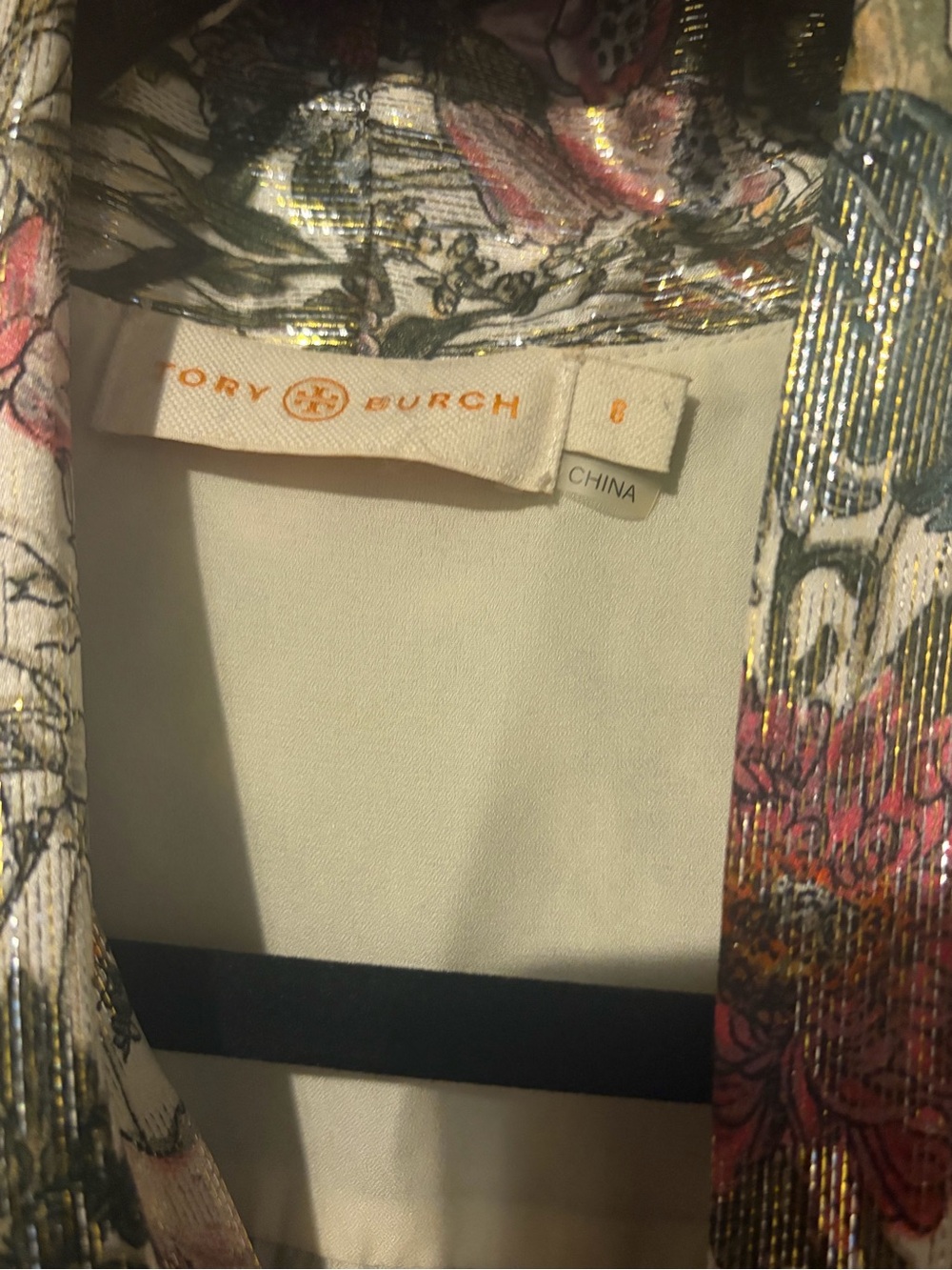 Tory Burch Cream Floral Metallic Long-Sleeve Belted Midi Dress Silk Blend - Picture 9 of 10